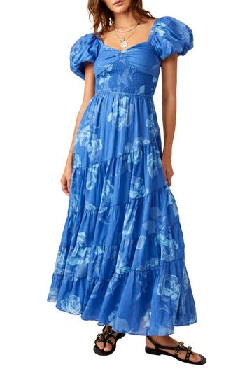 Free People Sundrenched Floral Tiered Maxi Sundress In Sapphire Combo