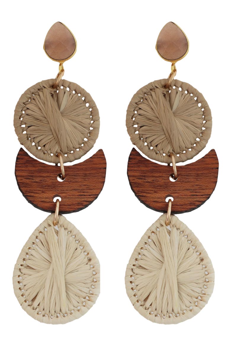 Raffia & Wood Drop Earrings, Main, color, TAN
