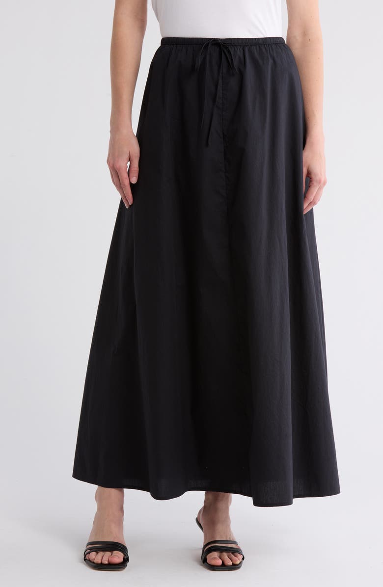 Leith Drawstring Waist Cotton Poplin Maxi Skirt, Main, color, Black