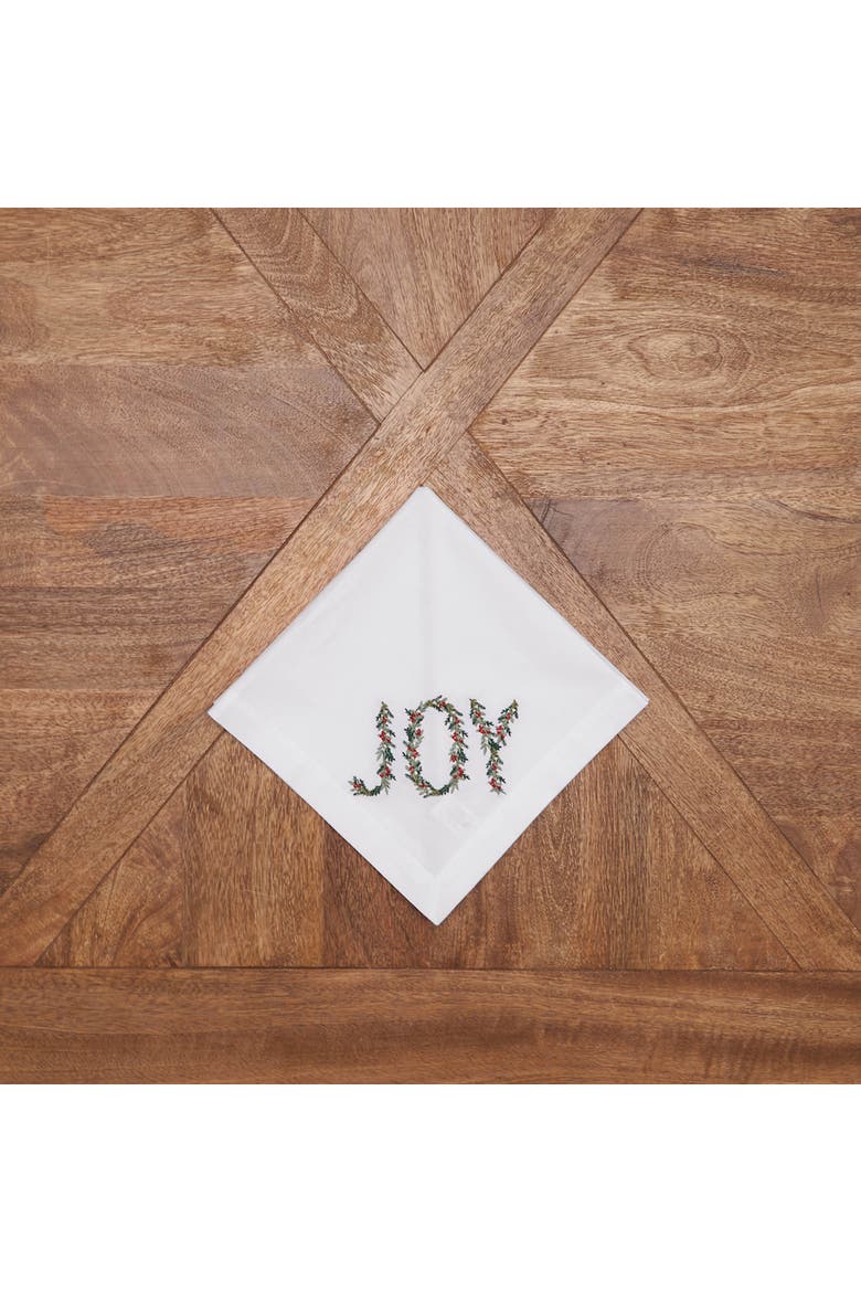Joy Merry Mistletoe Embroidered Hemstitch Set of 6 Cloth Napkins, Alternate, color, Green