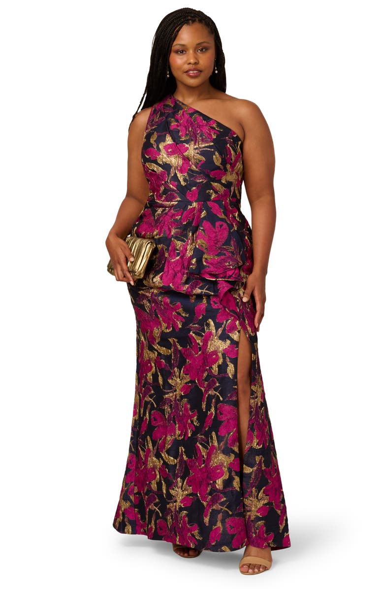 Adrianna Papell Metallic Floral Jacquard Mermaid Gown, Alternate, color, Navy/ Pink