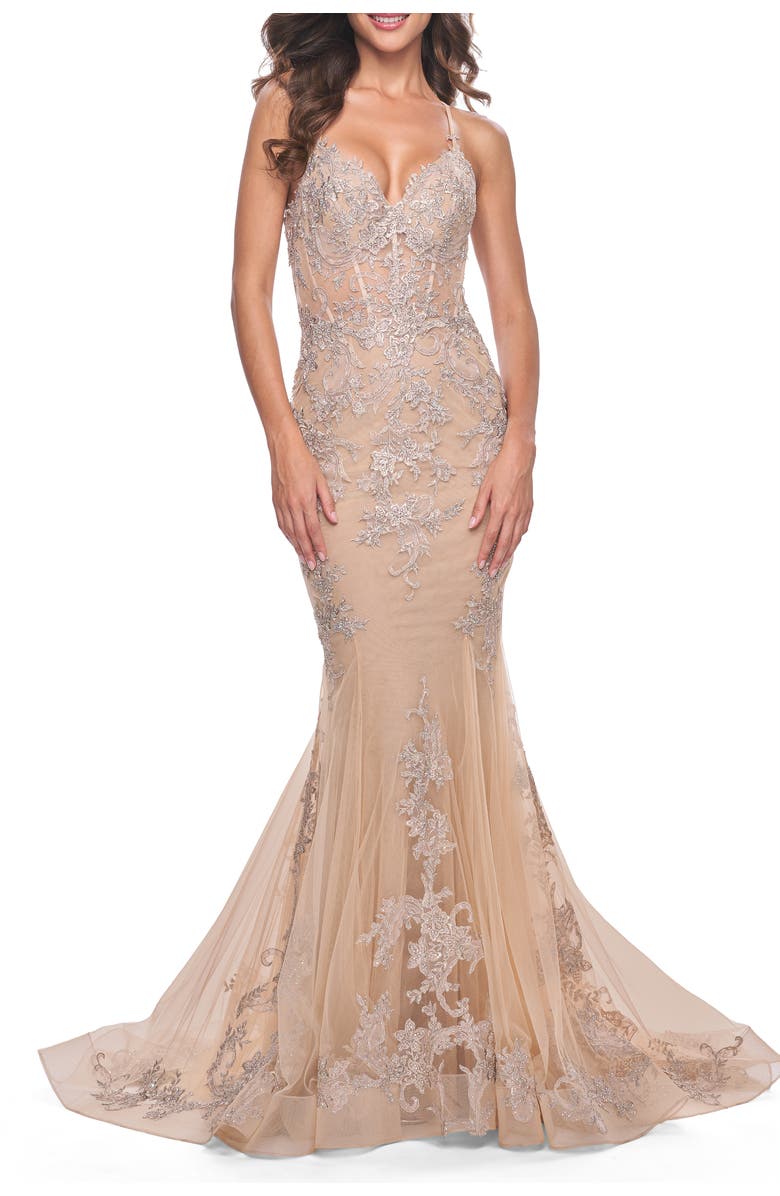 La Femme Mermaid Lace Gown, Main, color, Champagne