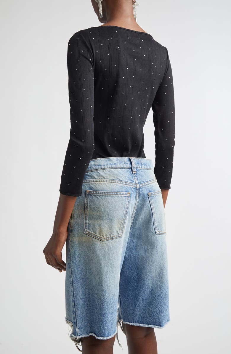 Area Ballerina Crystal Embellished Logo Pointelle Bodysuit, Alternate, color, Black