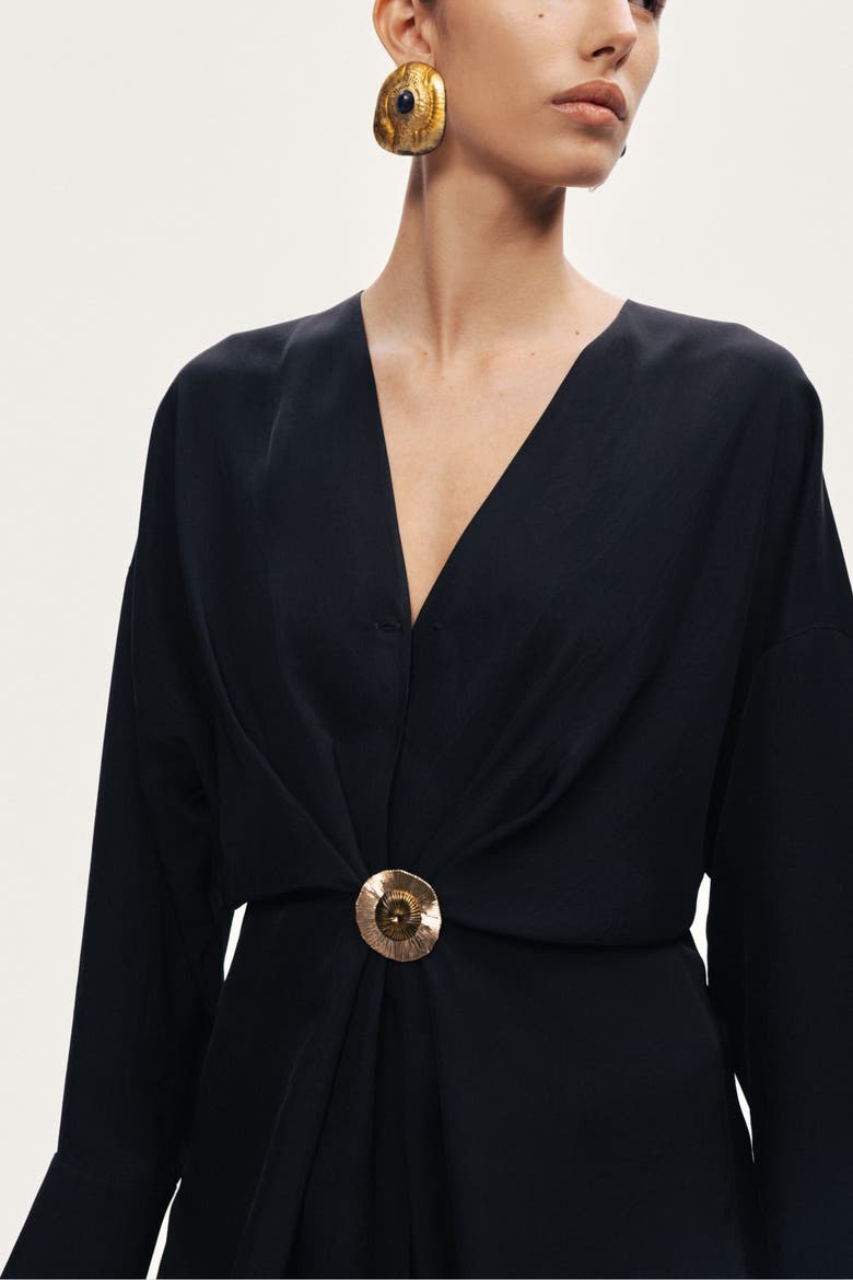 Draped Buckle-Detail Shirt, Alternate, color, Black