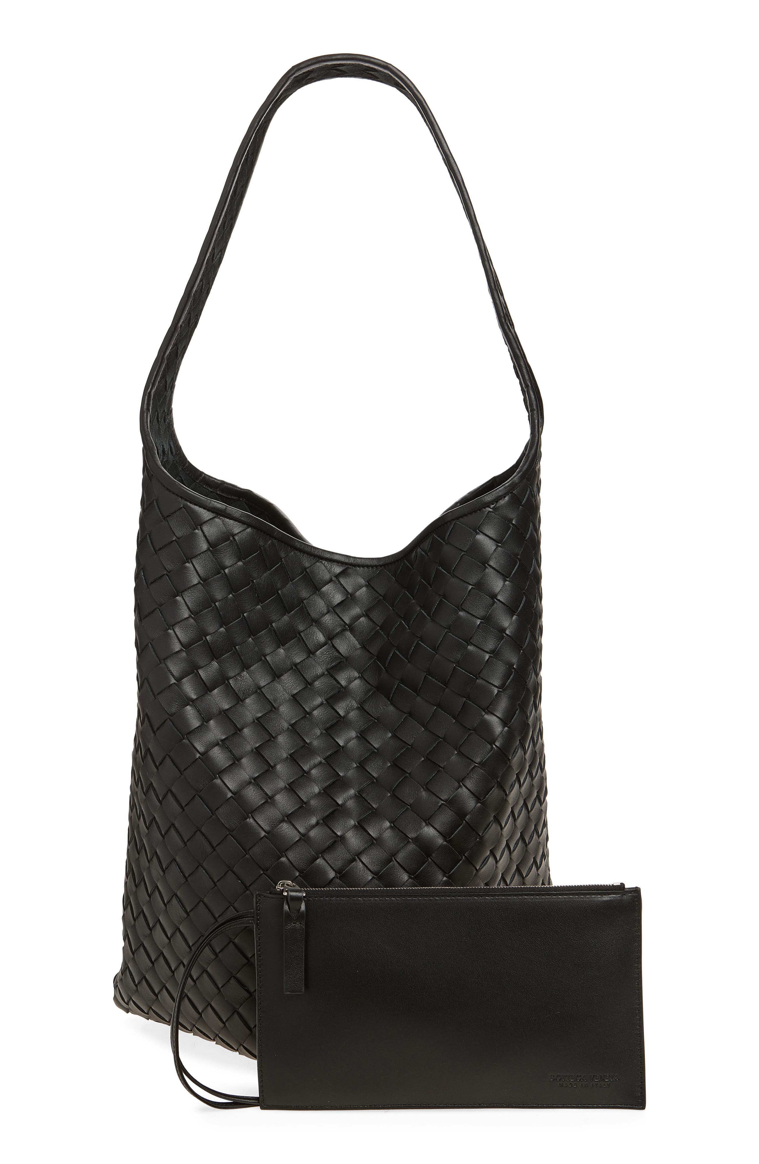 Triangolo Intrecciato Leather Bucket Bag, Alternate, color, 8803 BLACK/ SILVER
