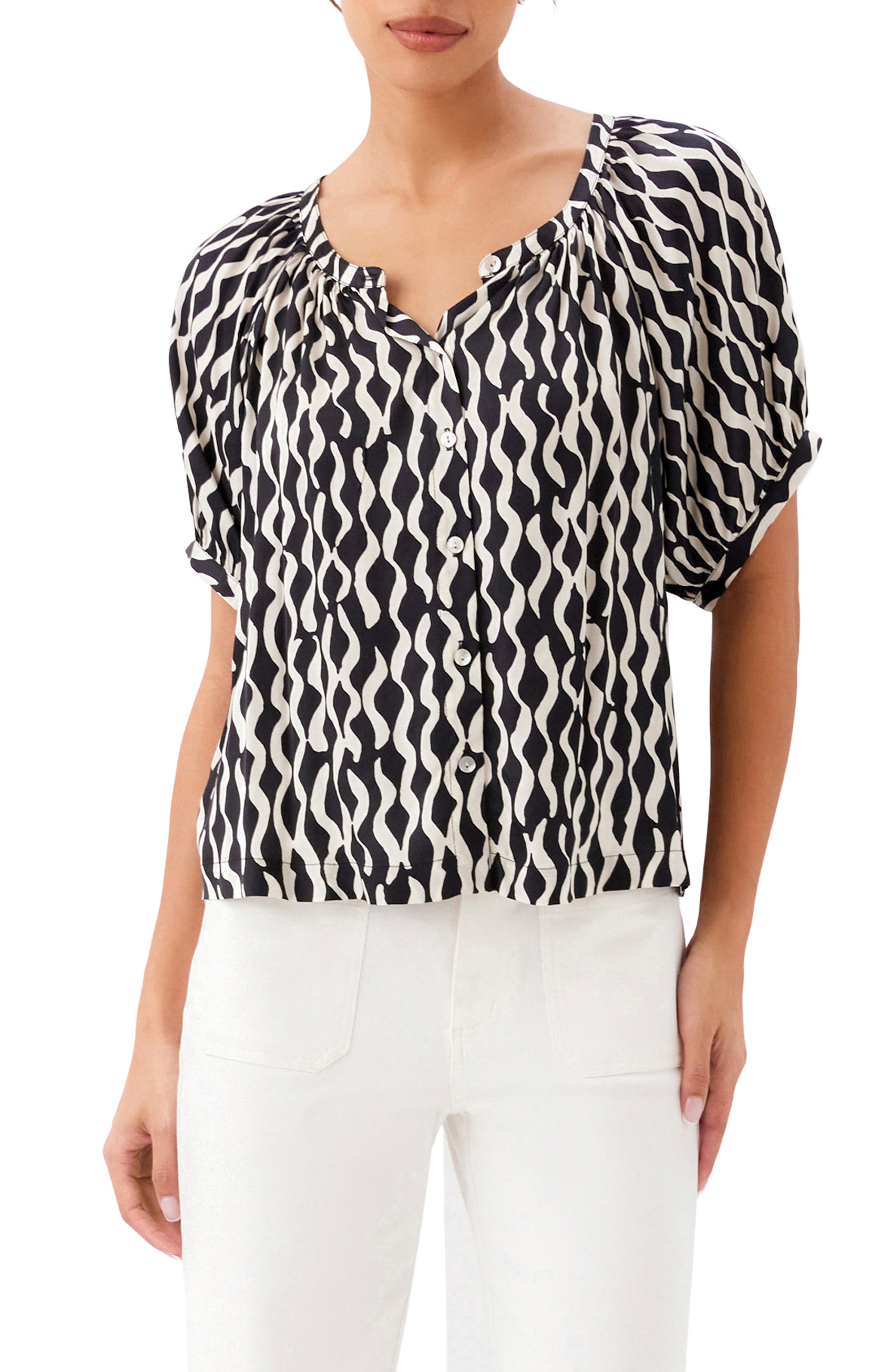 Print Satin Button-Up Peasant Top
