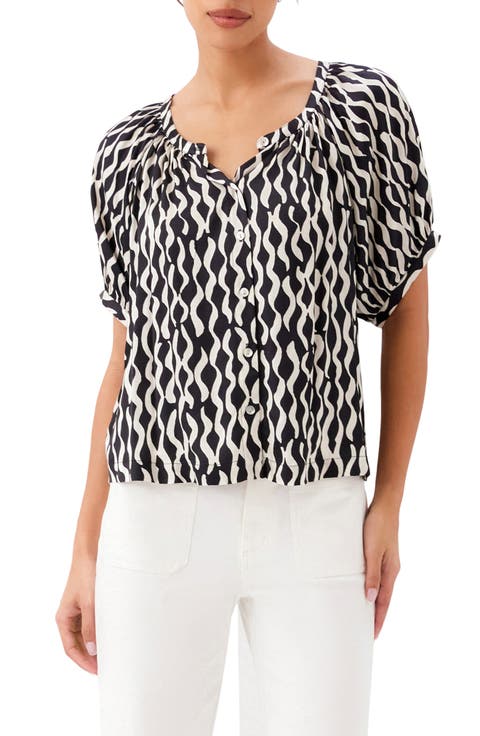 Print Satin Button-Up Peasant Top (Regular & Petite)