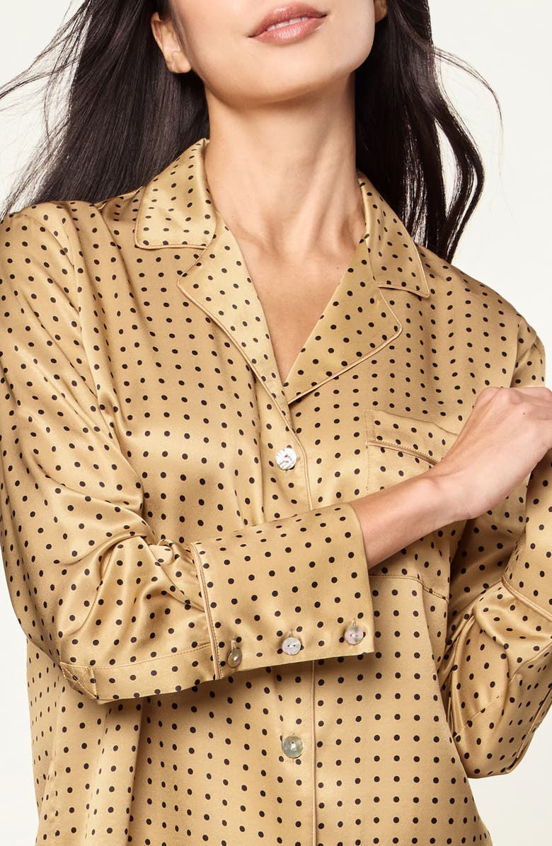 Petite Plume Dot Print Silk Pajamas, Alternate, color, Gold