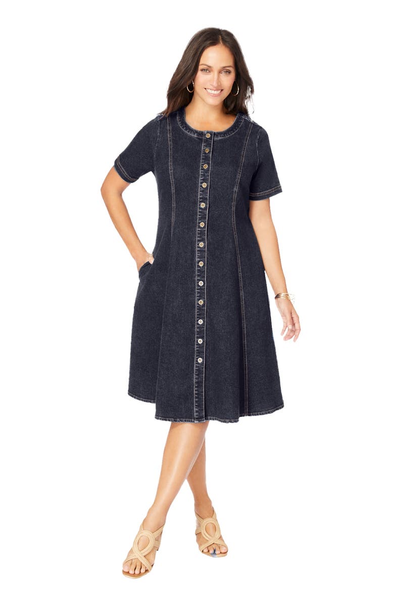 Jessica London Button Front Denim Dress, Main, color, Indigo