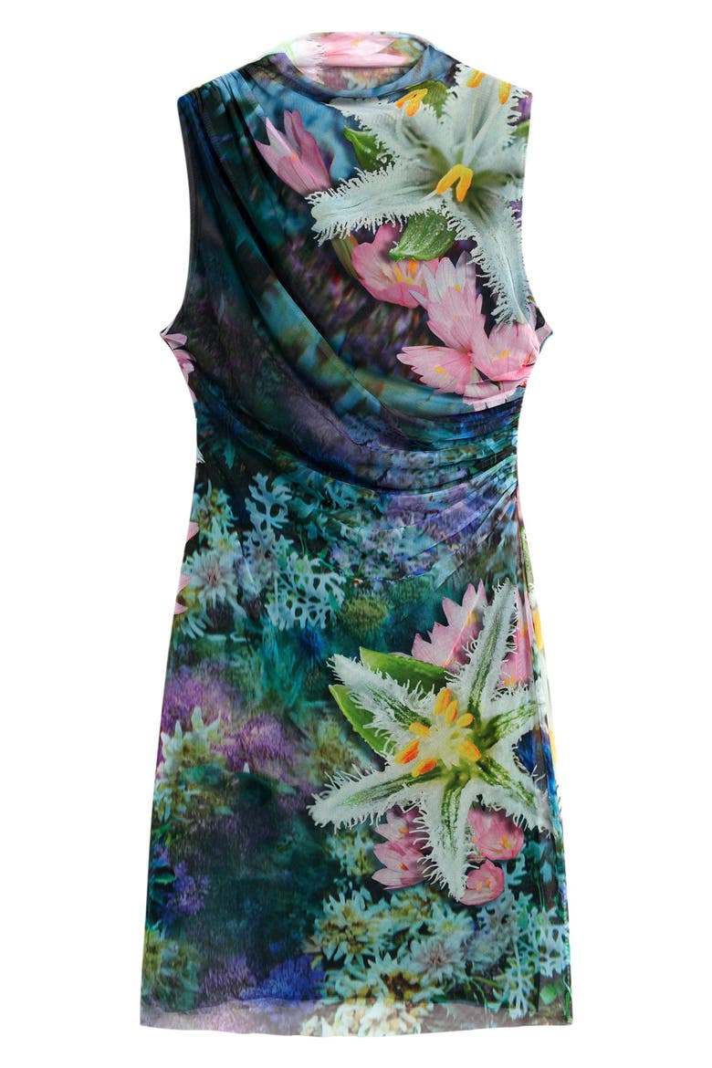 Floral Print Ruched Mesh Minidress, Alternate, color, GREEN