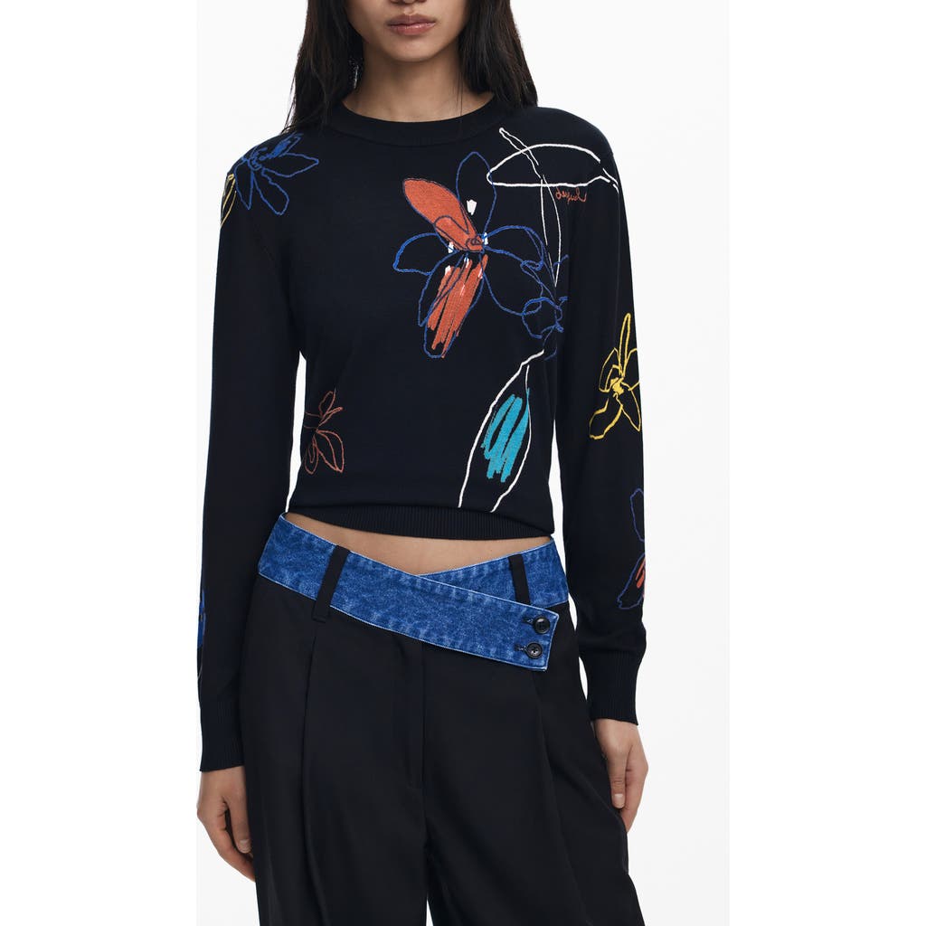 Desigual Floral Crewneck Sweater In Black