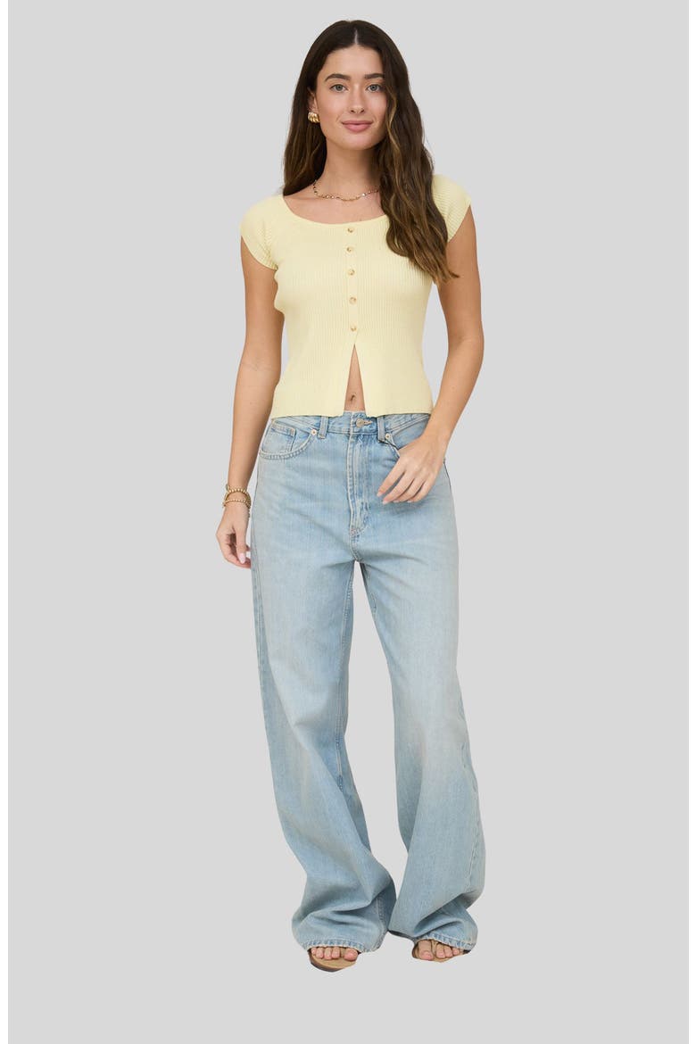 Short Sleeve Button Front Rib Knit Top, Alternate, color, BUTTER YELLOW