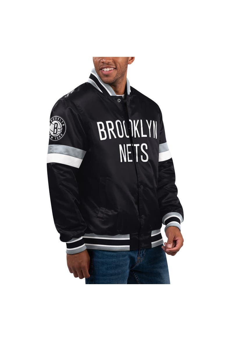 Men's Starter Black Brooklyn Nets Home Game Satin Full-Snap Varsity Jacket, Main, color, Black