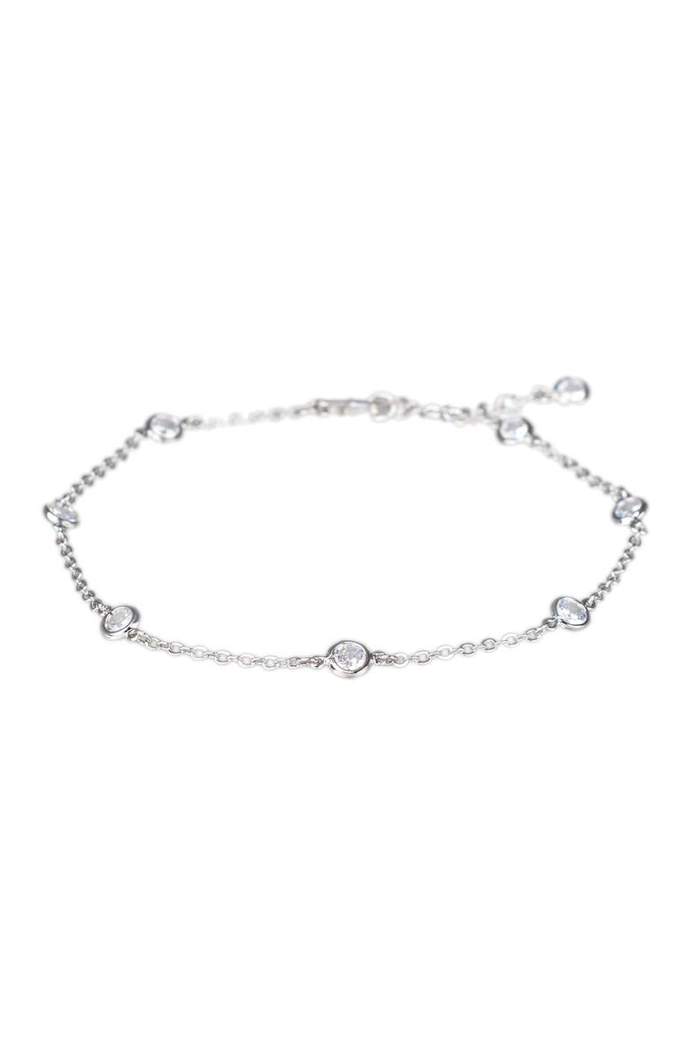 CZ by Kenneth Jay Lane Rhodium Plated Bezel CZ Station Anklet, Main, color, Clear/Silver