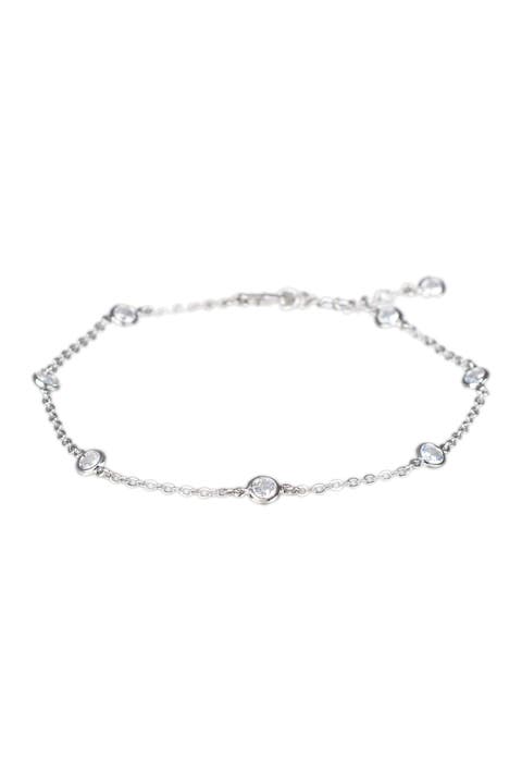 Rhodium Plated Bezel CZ Station Anklet
