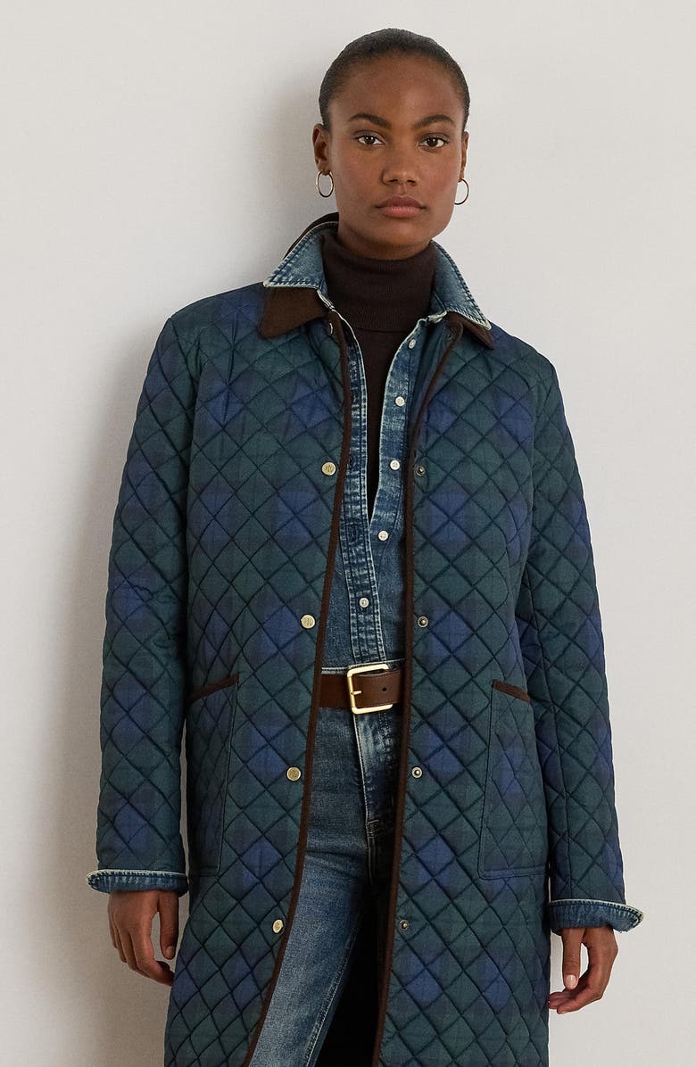 Lauren Ralph Lauren Tartan Quilted Coat, Alternate, color, Blackwatch