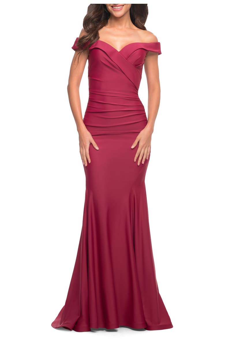 La Femme Chic Off the Shoulder Evening Dress with Ruching, Main, color, Wine