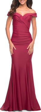 La Femme Chic Off the Shoulder Evening Dress with Ruching