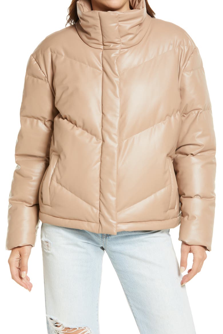 Downtown Faux Leather Puffer Jacket, Alternate, color, TAN