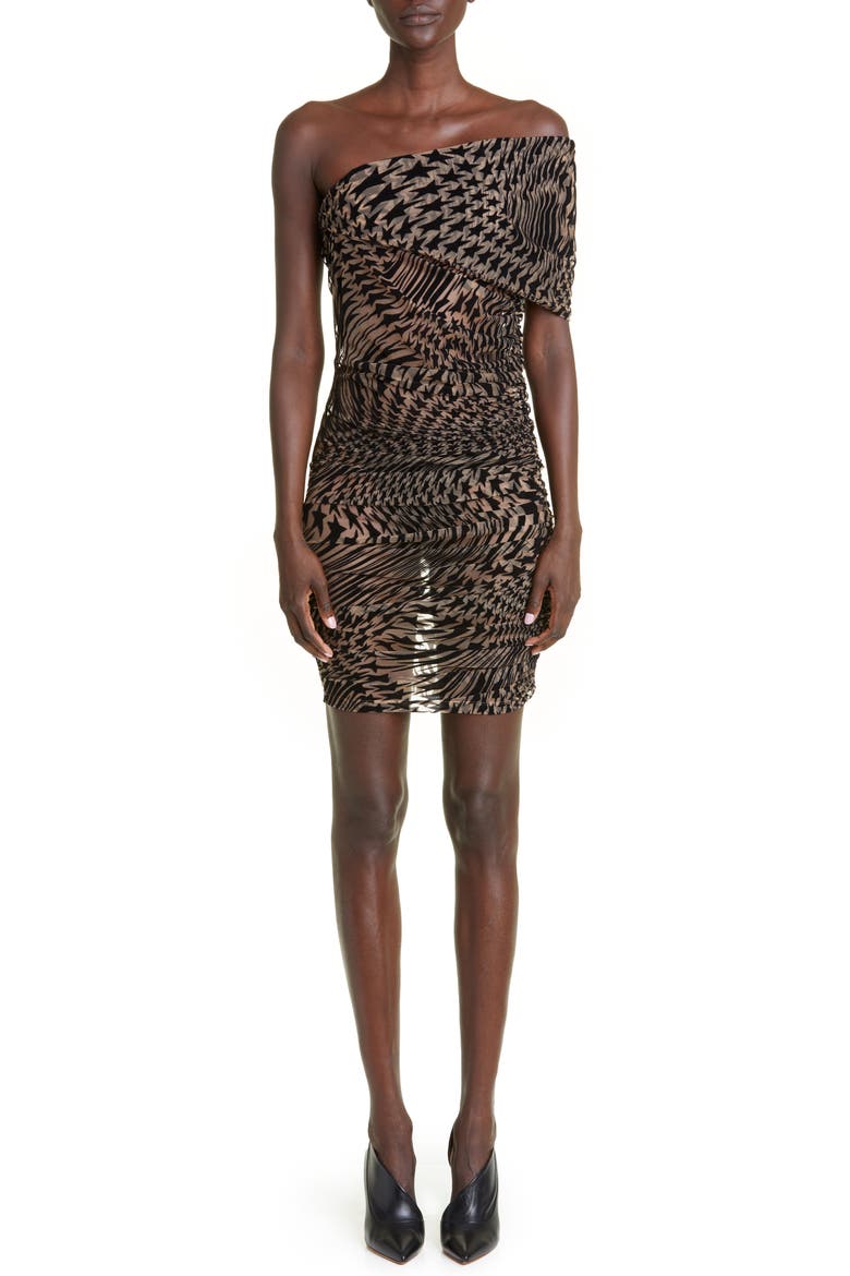 Icon Star Flocked Off the Shoulder Illusion Mesh Minidress, Main, color, 2308 NUDE 01 / BLACK