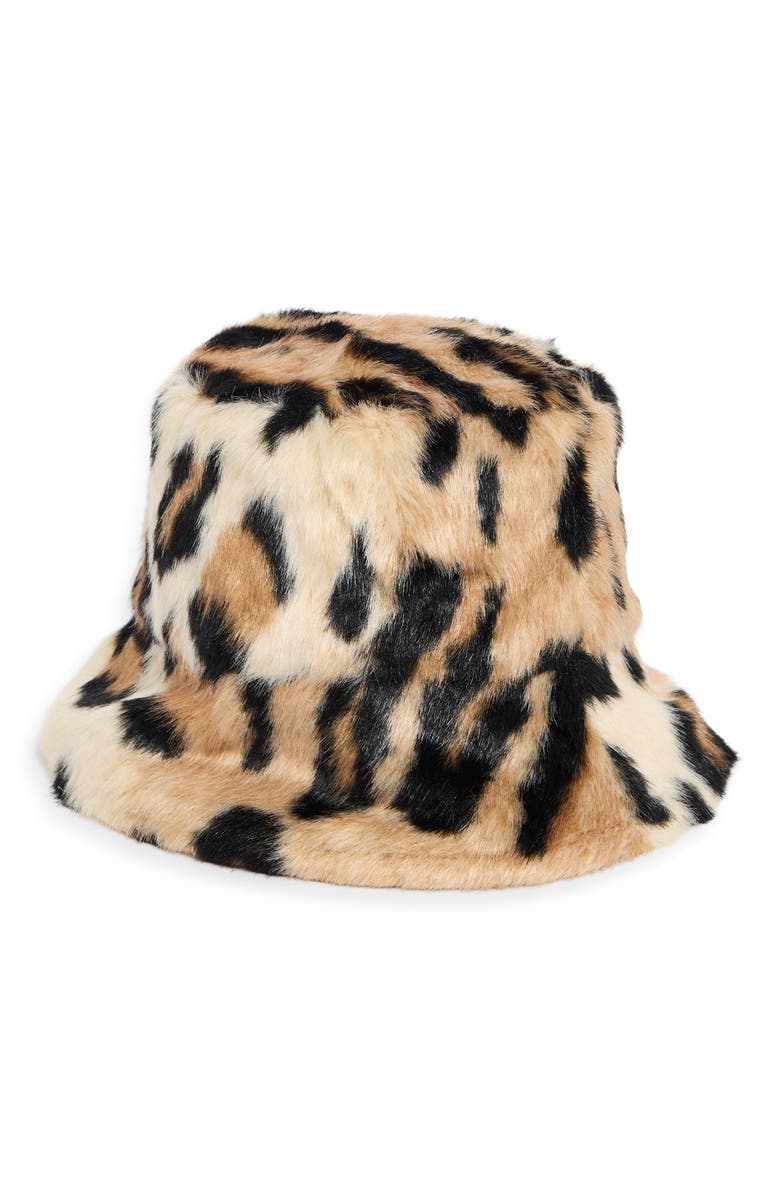La Fiorentina Reversible Animal Print Faux Fur Bucket Hat, Alternate, color, Black