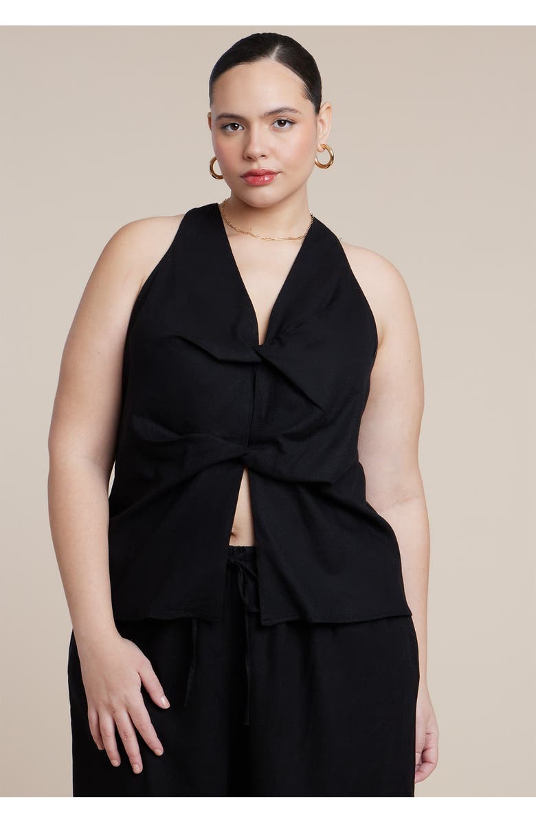 ELOQUII Twisted Linen Halter Top, Main, color, Black Onyx