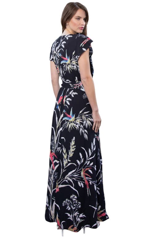 Hotsquash London Clothing Abstract Print Chiffon Faux Wrap Maxi Dress In Bird Print