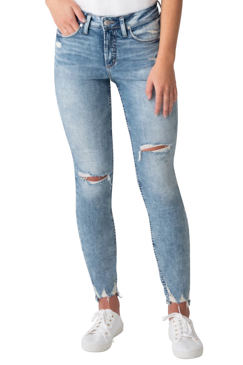 Avery Ripped High Waist Chew Hem Ankle Skinny Jeans, Main, color, BLUE