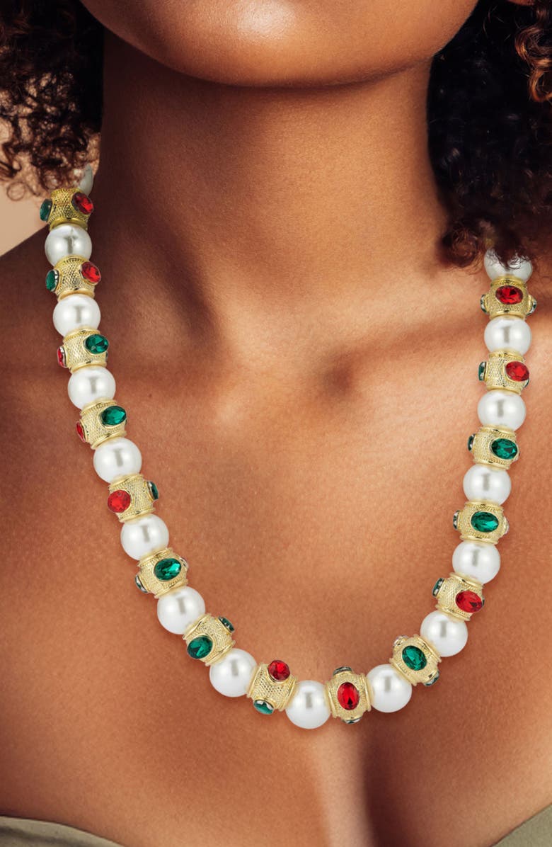 SPHERA MILANO Faux Pearl & Crystal Statement Necklace, Alternate, color, Gold