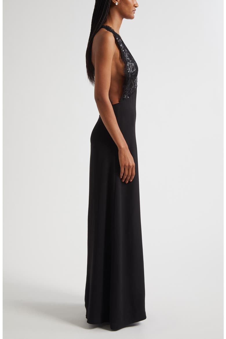 Chantal Plunge Neck Mixed Media Gown, Alternate, color, BLACK COMBO