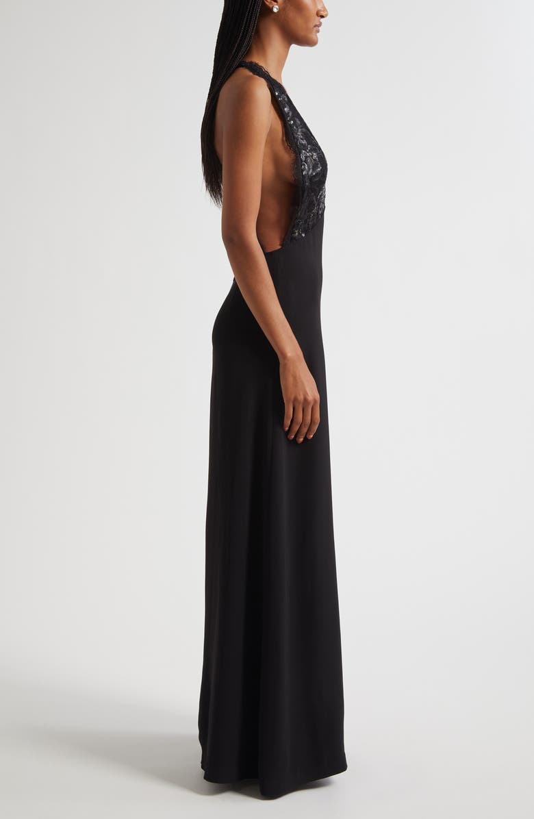 Ramy Brook Chantal Plunge Neck Mixed Media Gown, Alternate, color, Black Combo