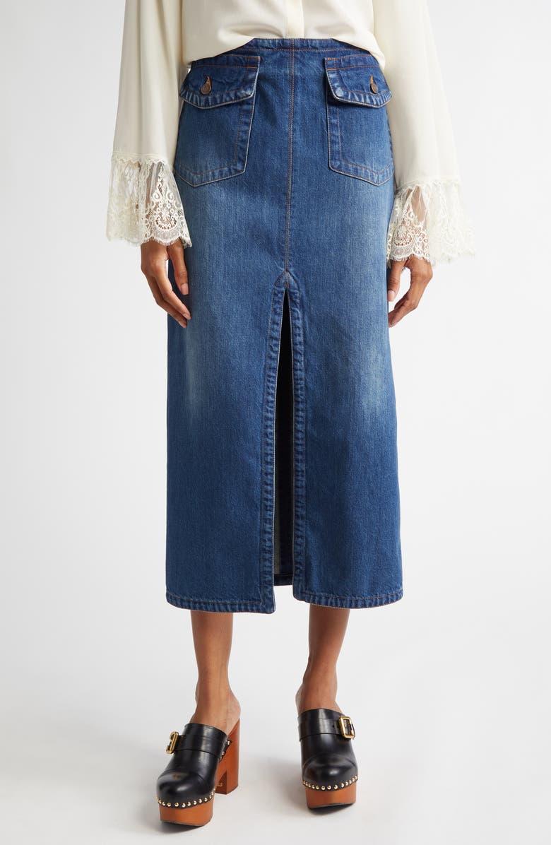 Chloé Front Slit Denim Midi Skirt, Main, color, 