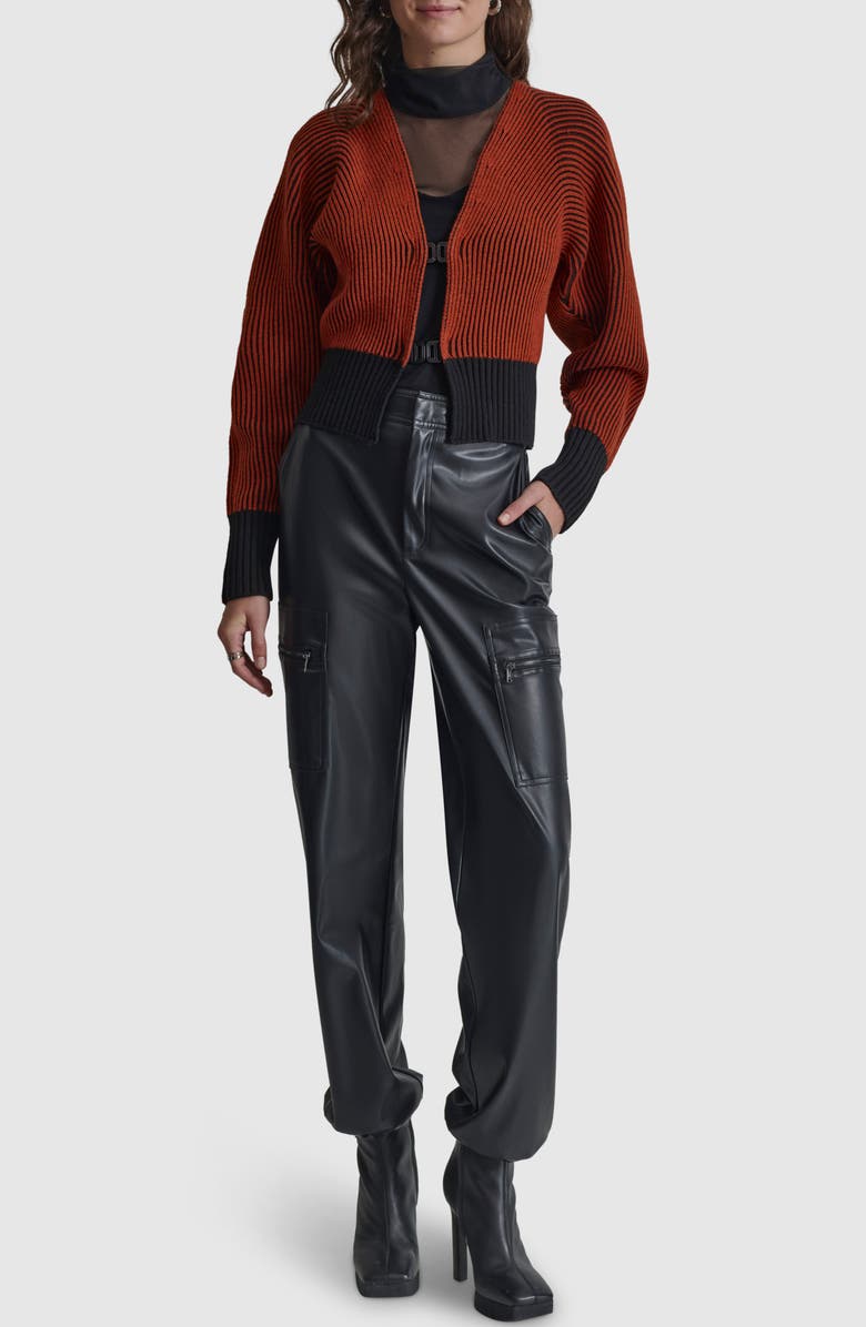 DKNY Contrast Rib Cardigan, Alternate, color, Russet/ Black