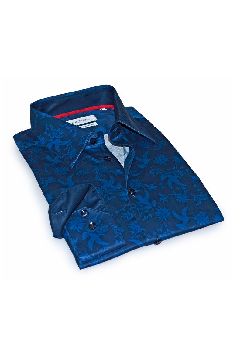 Contemporary Fit Modern Business Dress Shirt, Main, color, NAVY NATURE PRINT