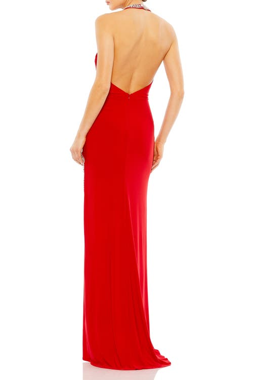 Mac Duggal Beaded Trim Halter Neck Gown In Red