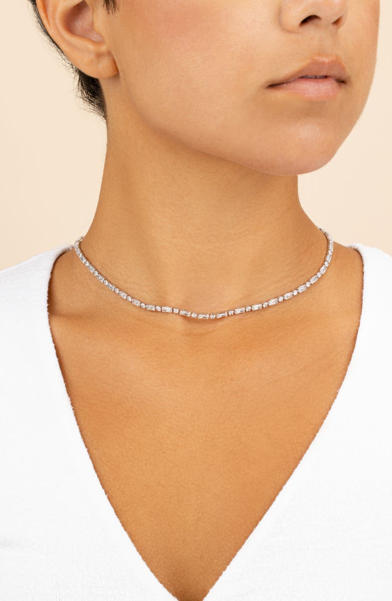 Sterling Forever Georgia Cubic Zirconia Tennis Necklace, Alternate, color, Silver