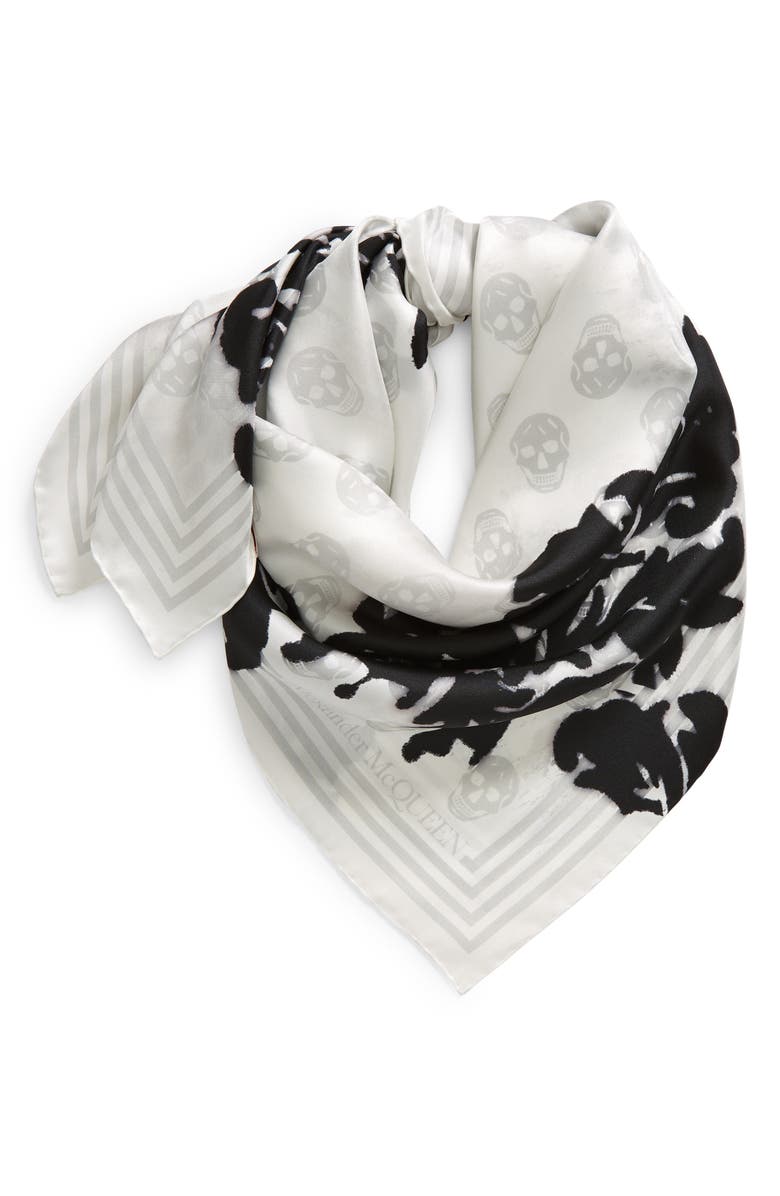 McQueen Floral Skull Silk Square Scarf, Alternate, color, Ivory/ Black