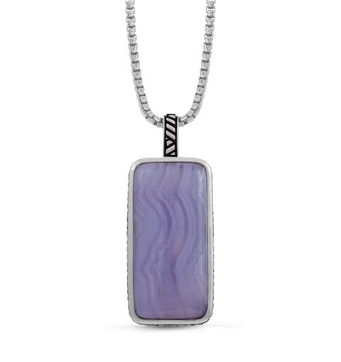 Blue Lace Agate Sterling Silver Men Tag Necklace