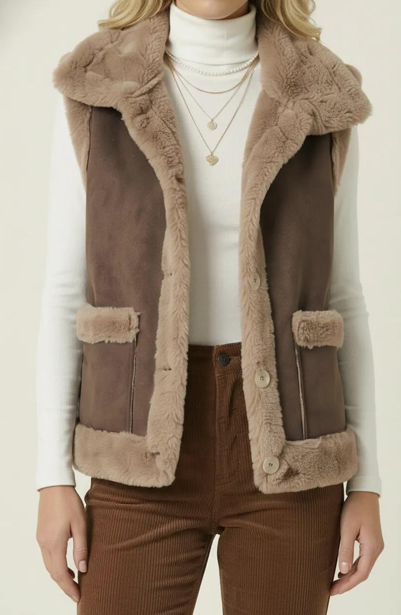 Modenaire Faux Shearling Trim Vest, Main, color, Faux Shearling
