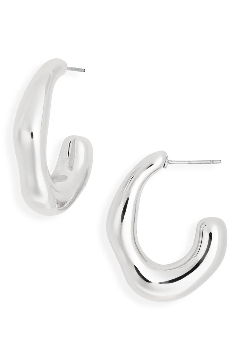 Molten J Hoop Earrings, Main, color, SILVER