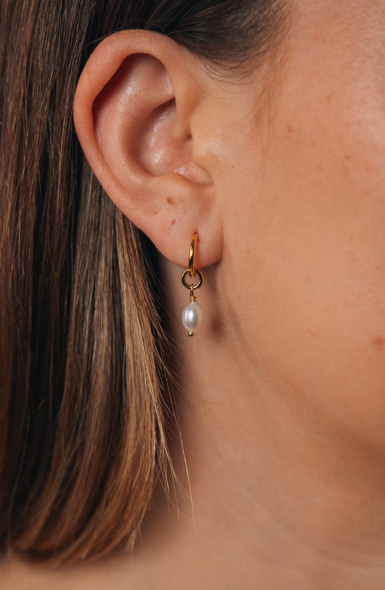 Sterling Forever Freshwater Pearl Drop Huggie Hoop Earrings, Alternate, color, Gold