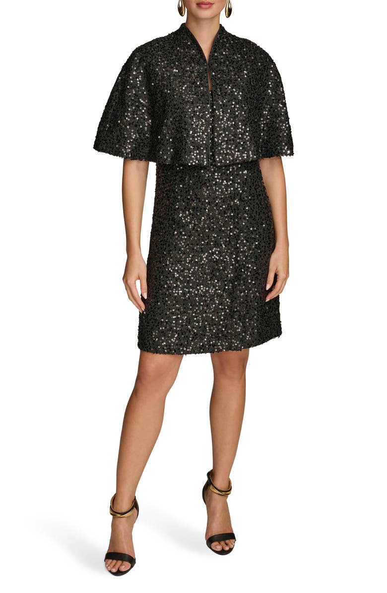 Donna Karan New York Sequin Tweed Cape & Sheath Dress Set, Main, color,