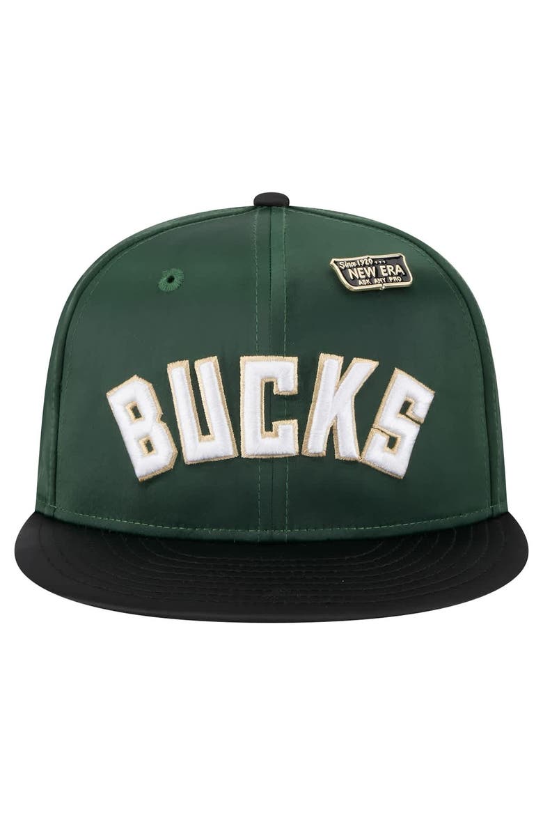 Men's New Era  Hunter Green/Black Milwaukee Bucks Throwback Satin Vintage Pin Two-Tone 59FIFTY Fitted Hat, Alternate, color, Hunter Green