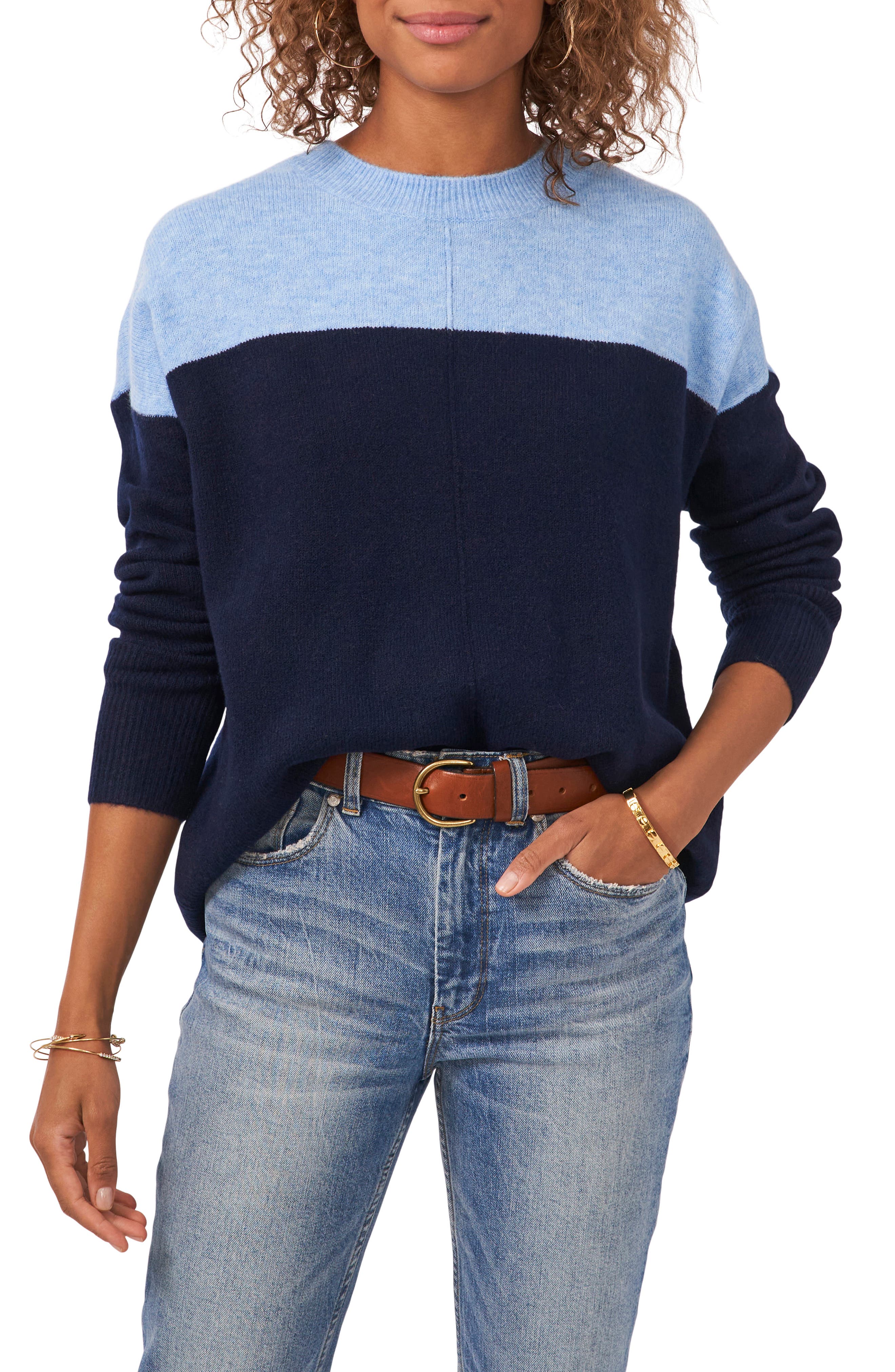 Vince Camuto Extended Shoulder Colorblock Sweater in Classic Navy 