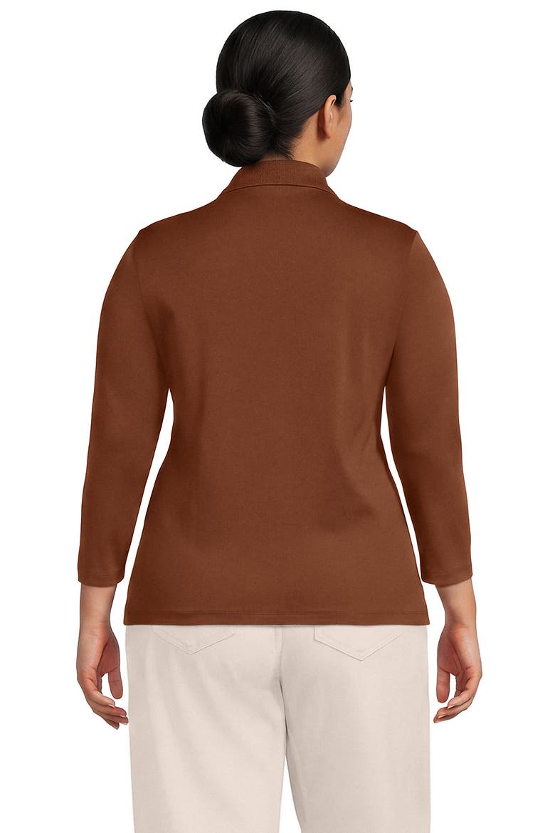 Plus Size Supima Cotton 3/4 Sleeve Polo Shirt, Alternate, color, Rich Ginger Brown