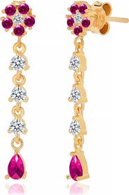 GABI RIELLE Sterling Silver Pink CZ Flower Dangle Earrings