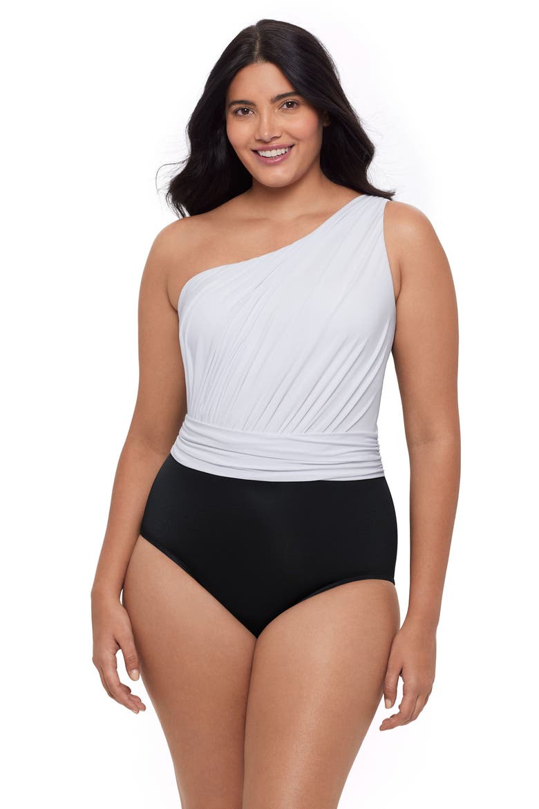 Heather One Shoulder One-Piece Control Swimsuit, Main, color, Black and White