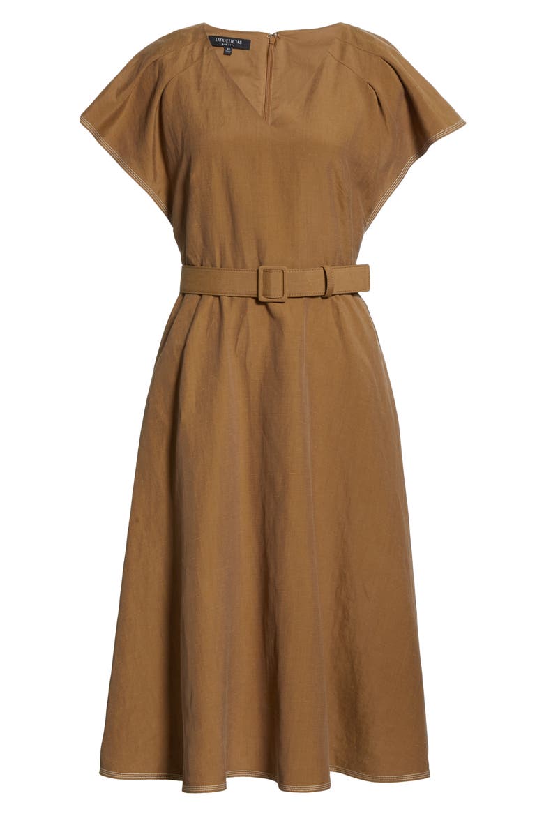 Kline Belted Silk & Linen Midi Dress, Alternate, color, SHIITAKE