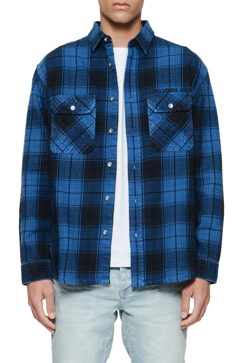 Oversize Plaid Flannel Button-Up Shirt, Main, color, BLUE