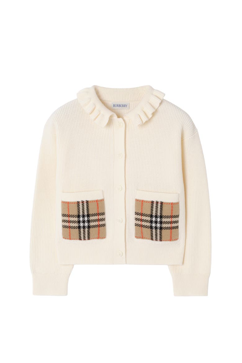 Girls' Check Pocket Cotton Wool Cardigan, Main, color, Ivory white